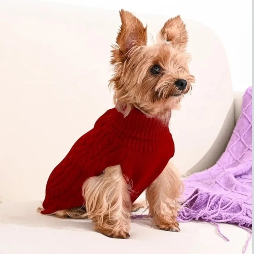 Dog Cable‎ Knit Turtleneck Sweater Small Pet Winter Pullover Red